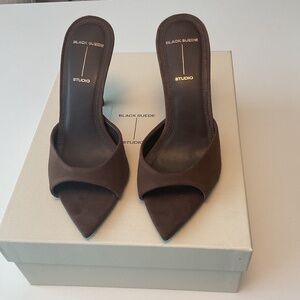 Black Suede Studio - “Brea” Chocolate Brown Suede Pointed Open Toe Slingback